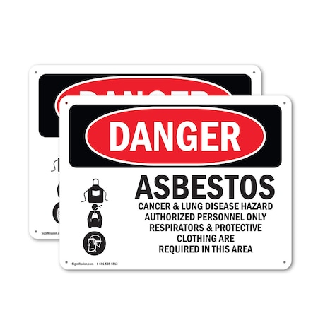 Signmission Asbestos Cancer And Lung Disease Hazard Danger Sign, Aluminum, 14in W x 10in L, 2PK OS-2PACK-DS-A-1014-L-1033